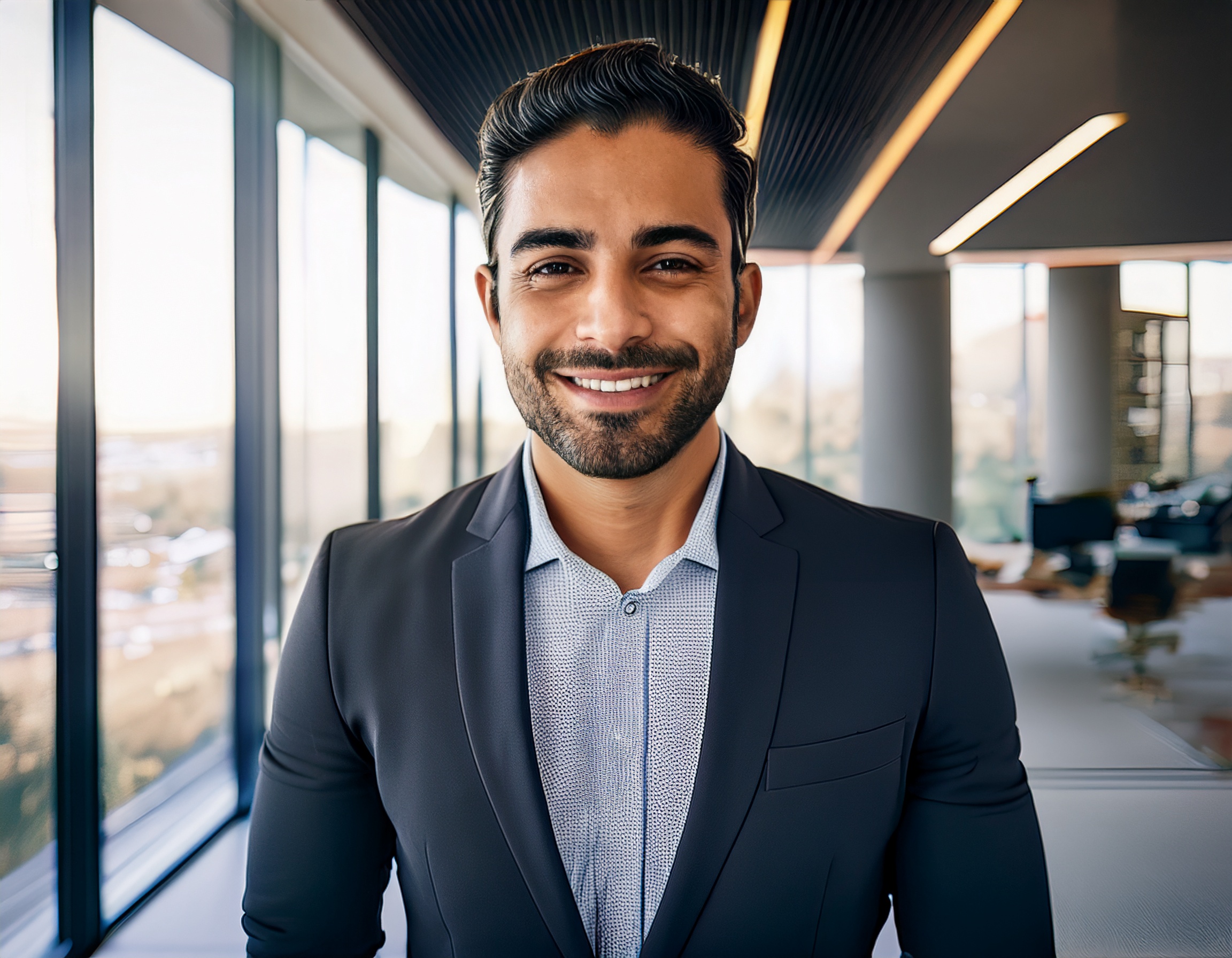 Porträt einer jungen, freundlichen Frau in moderner Büro-Kleidung